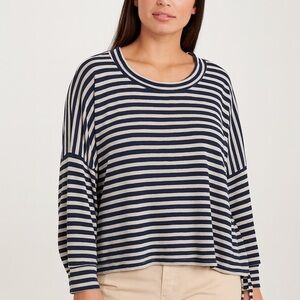 NSF Striped Wide Sleeve Poncho Top in Navy and White